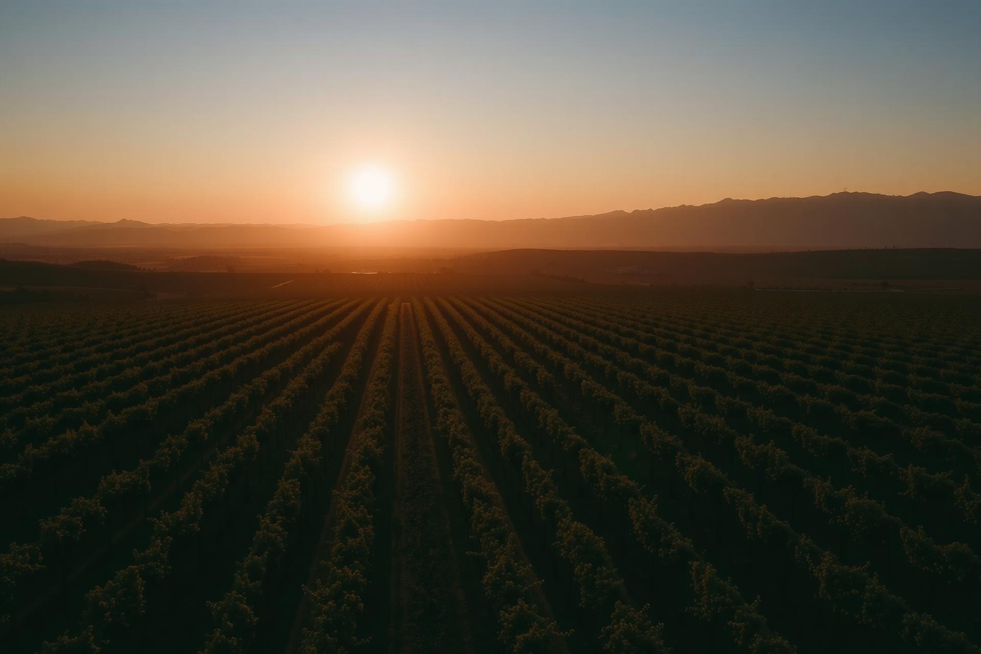 Vineyard at golden hour representing Grus Drinks producer partnerships