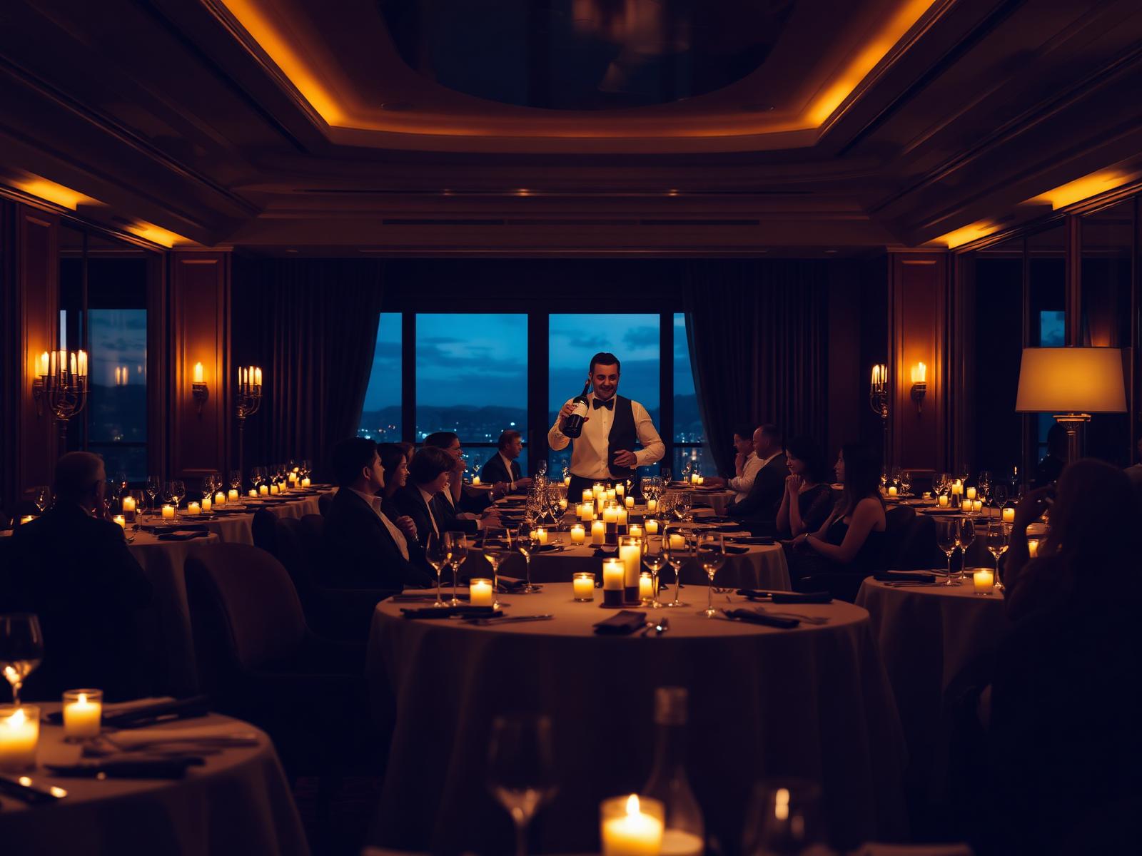 Sommelier service in a luxury restaurant dining room at dusk